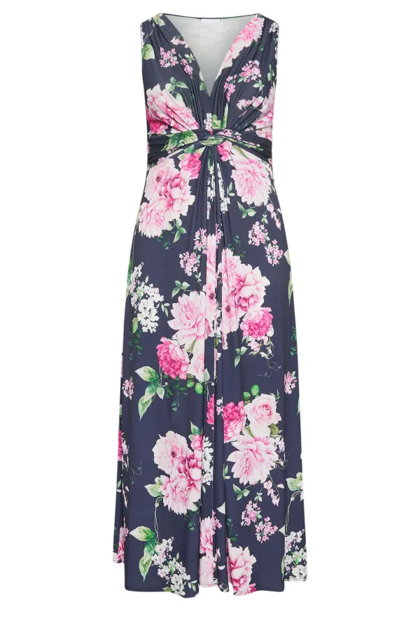 YOURS LONDON Curve Navy Blue Floral Print Knot Front Maxi Dress