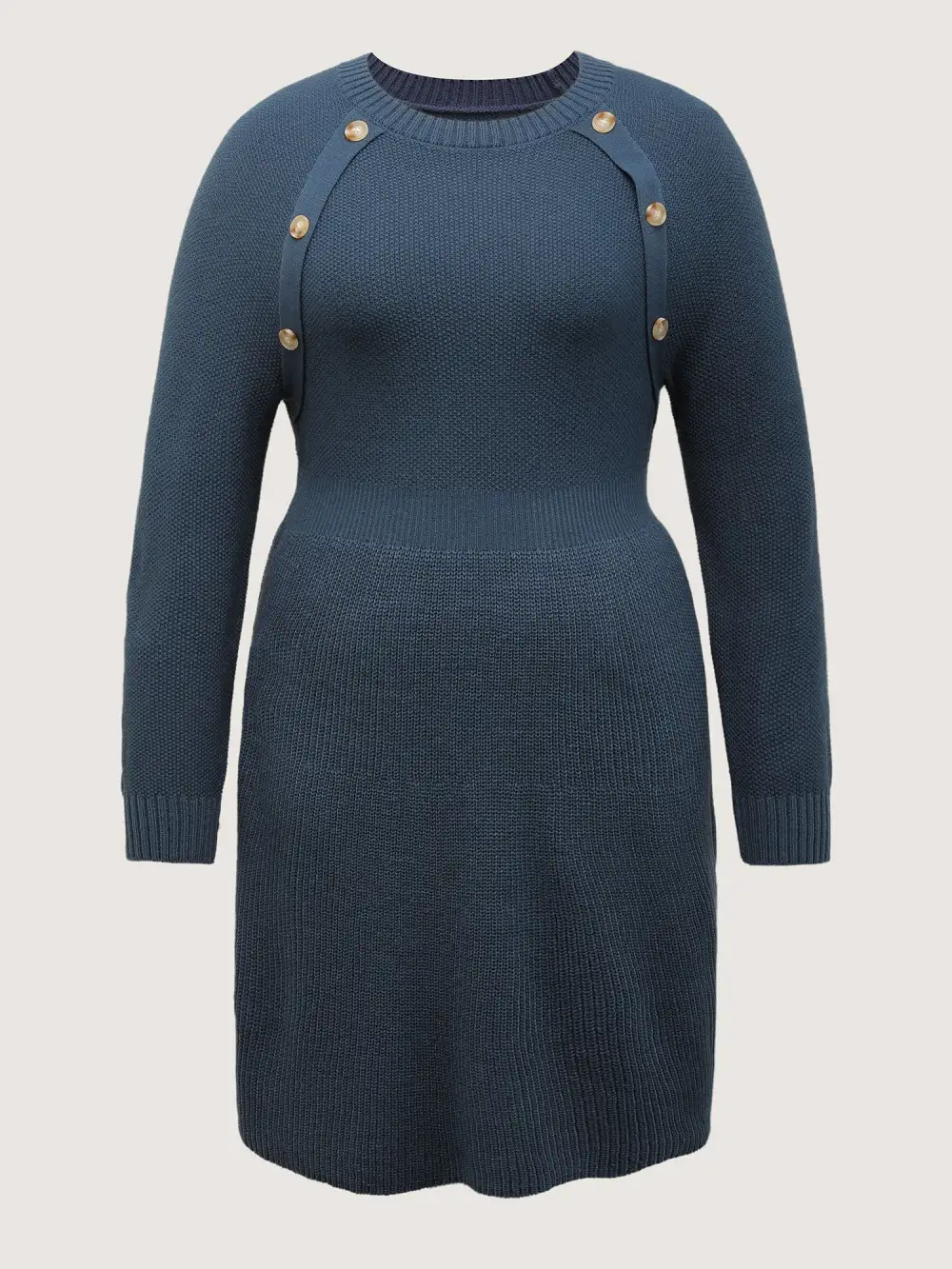 Textured Stretchy Waist Button Sweater Knee-Length Dress