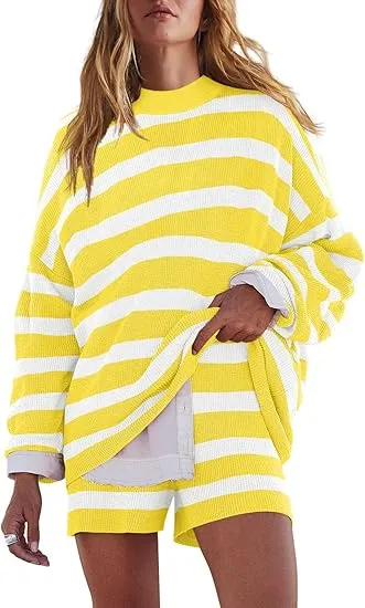 Womens Oversized Lounge Sets 2 Piece Outfits Striped Matching Pajama Set Long Sleeve Sweater Set