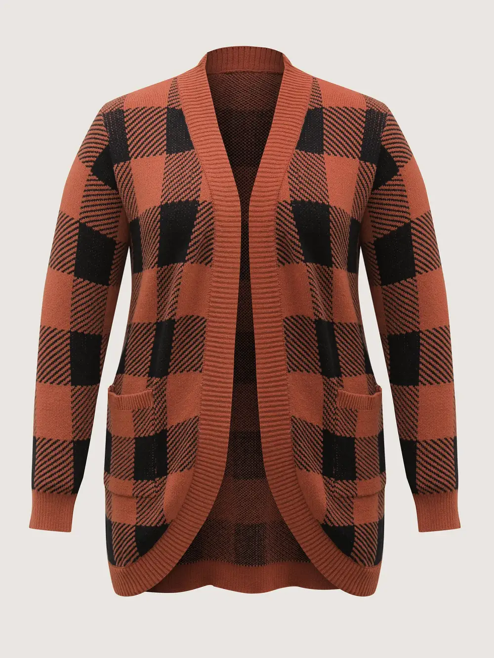 Supersoft Check Pattern Curvy Hem Pockets Cardigan