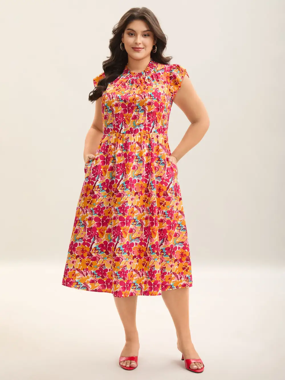 Floral Print Shirred Pockets Midi Dress