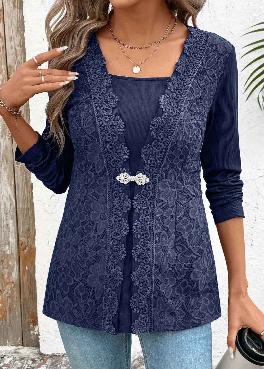 Navy Peplum Long Sleeve Fake Two Piece Twinset