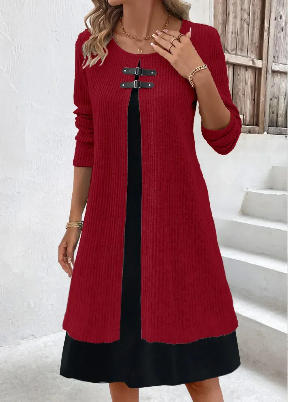 Wine Red Fake 2in1 A Line Dress
