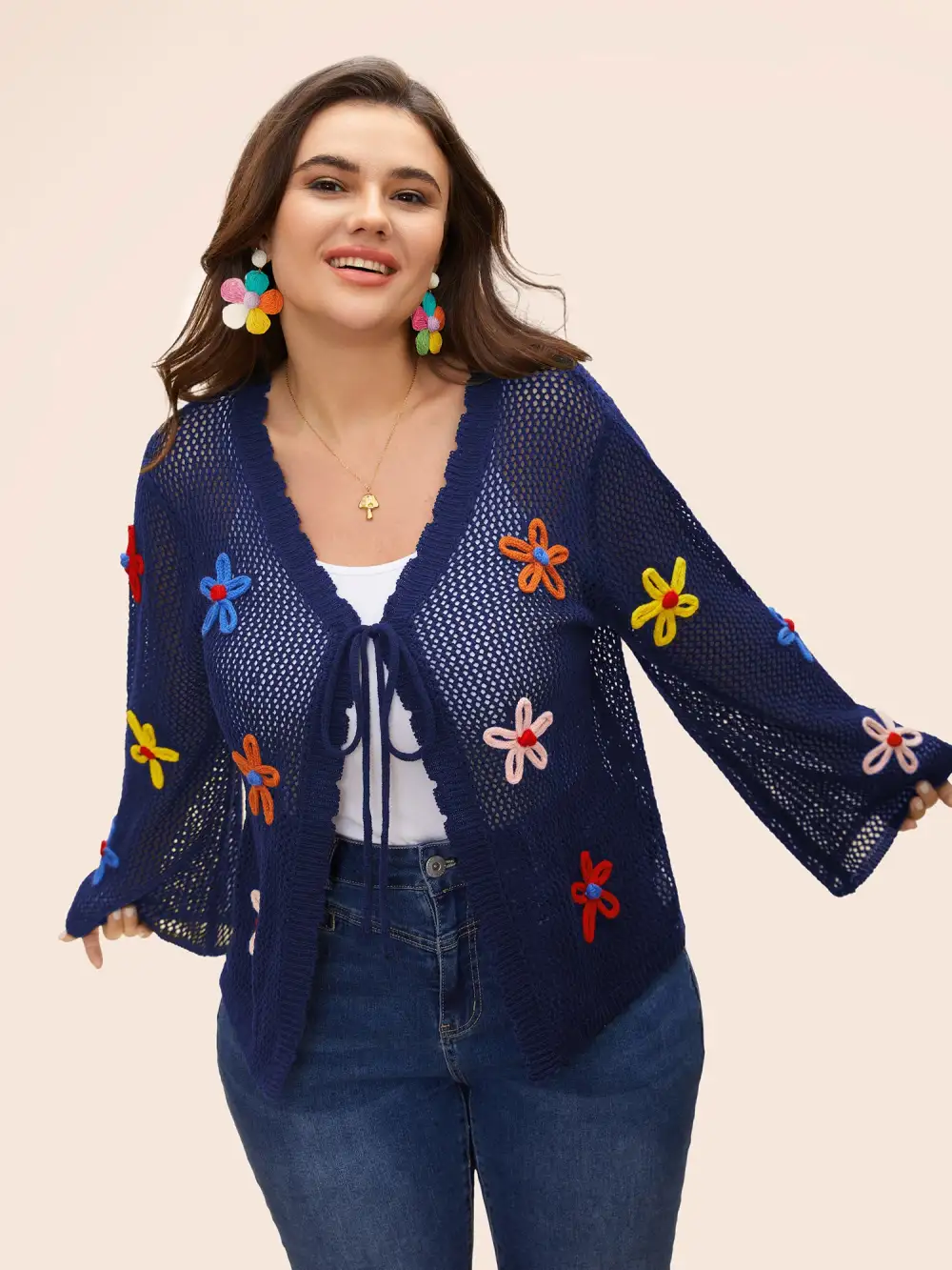 Knit Floral Front Tie Cardigan