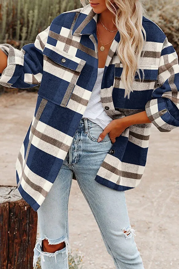 Vintage Plaid Pattern Pocket Design Shirt Coat