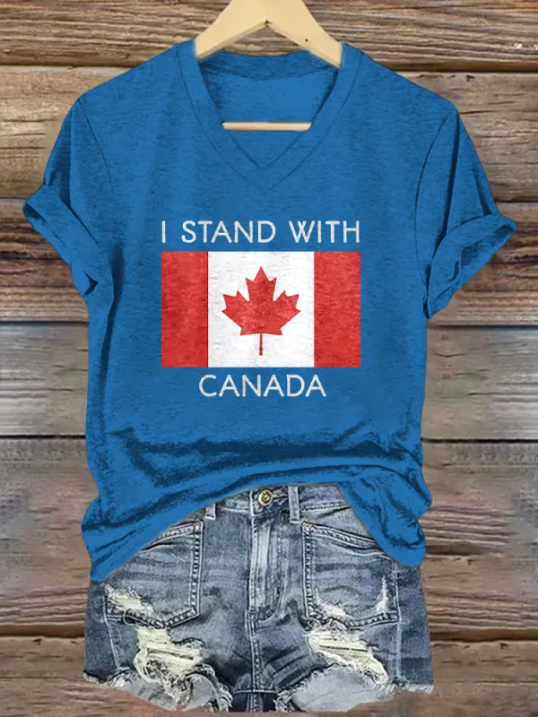 Women's I Stand With Canada Short Sleeves V-Neck Pure Cotton T-Shirt