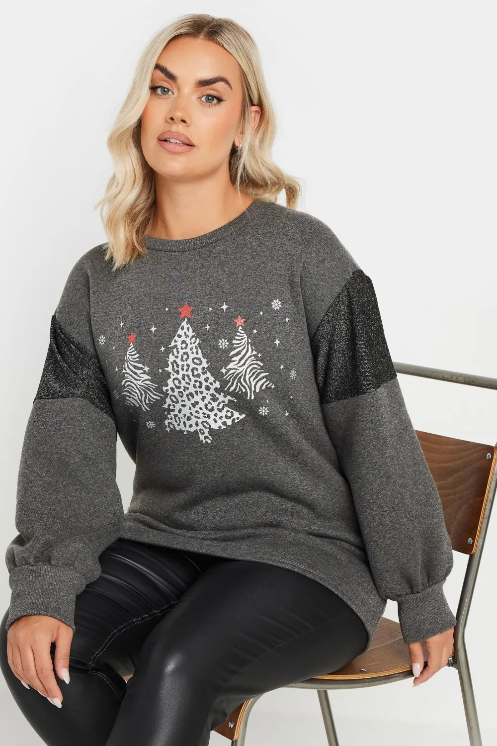 YOURS Curve Grey Metallic Christmas Tree Sweatshirt