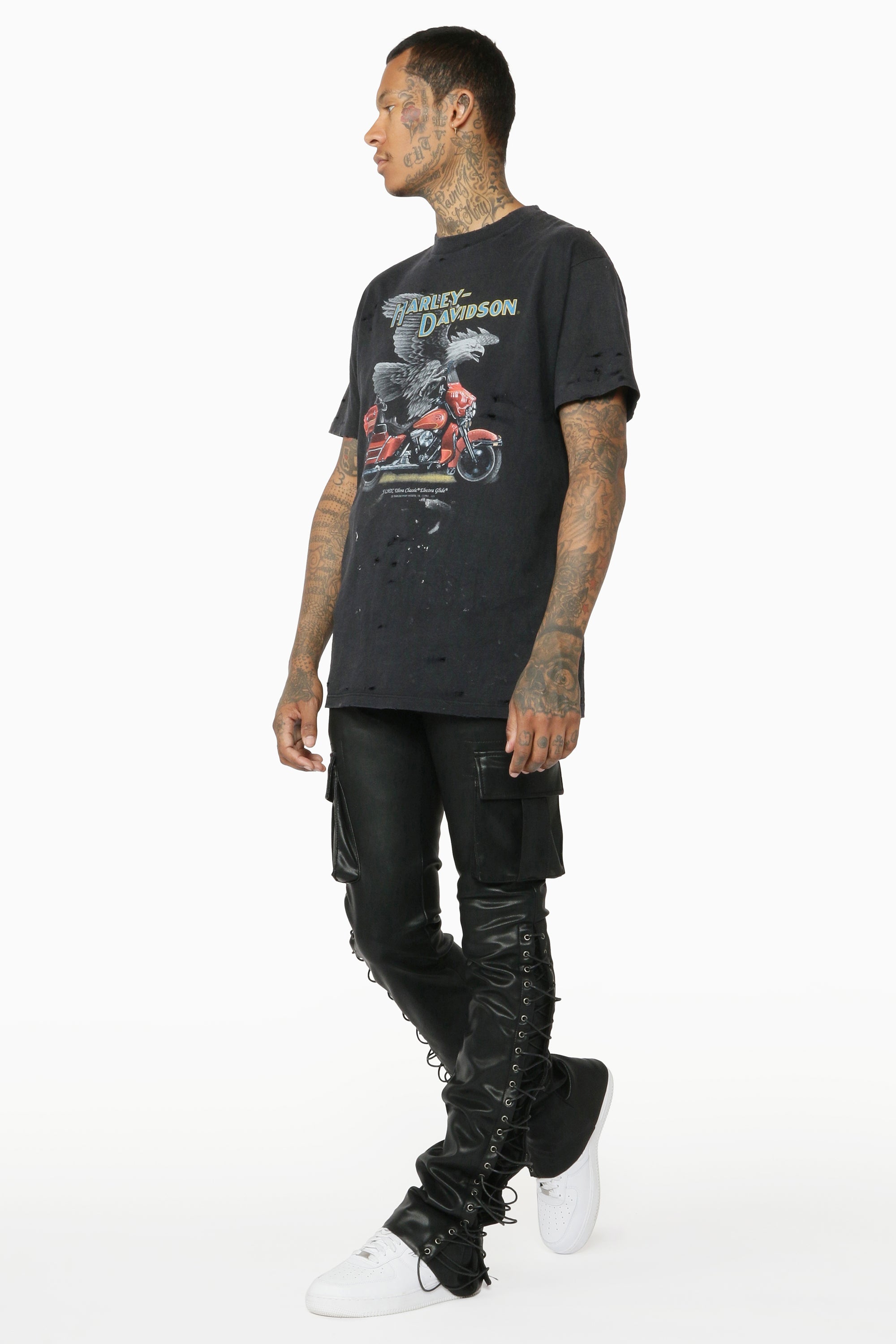 Honor Black Faux Leather Stacked Flare Jean