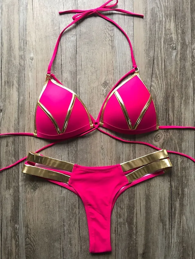 Women's Swimwear Bikini 2 Piece Normal Swimsuit Open Back Cut Out Sexy Leopard Color Block Leopard Print Black Pink Wine Dusty Rose Camisole Strap Bathing Suits New Vacation Sexy