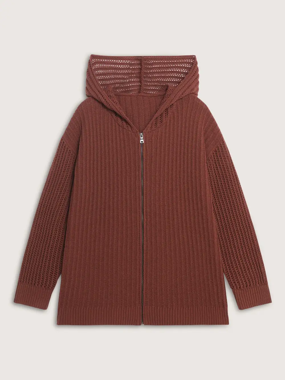 Textured Zipper Front Hooded Knit Cardigan