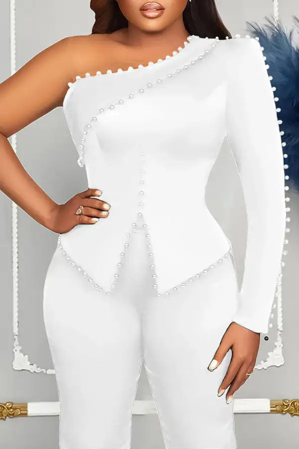 Beaded Decor Glamorous One Shoulder Pant Suit