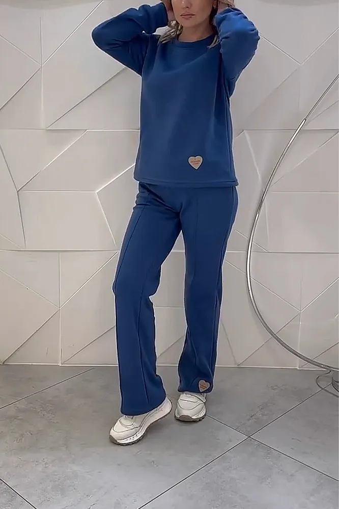 Women's solid color round neck top and pants two-piece set