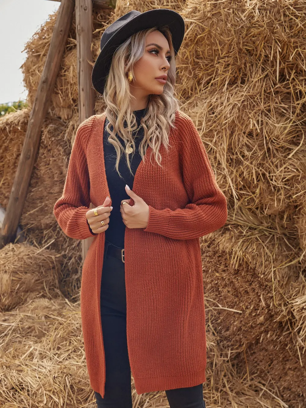 Solid Raglan Sleeve Open Front Cardigan