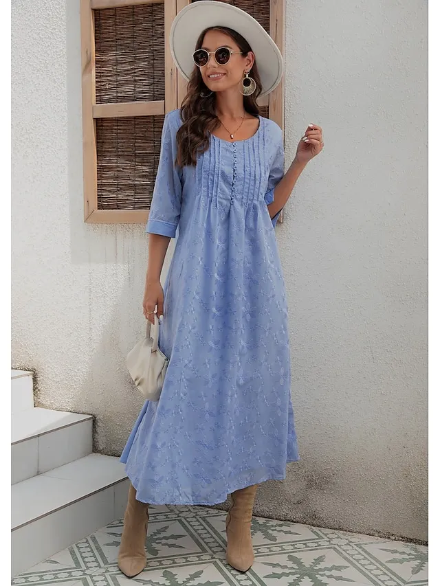 Women's Cotton Linen Dress Casual Dress Midi Dress Cotton Casual Mature Outdoor Daily Vacation V Neck Ruched Pocket Half Sleeve Summer Spring Fall 2023 Loose Fit White Blue Green Plain S M L XL 2XL