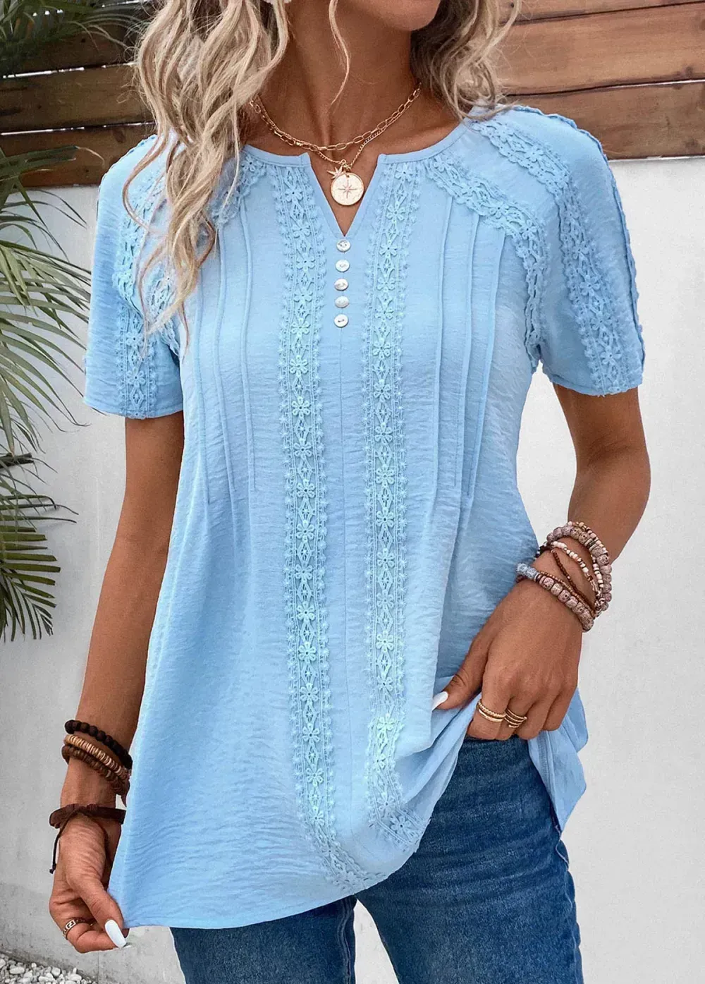 Light Blue Patchwork Short Sleeve Split Neck Blouse
