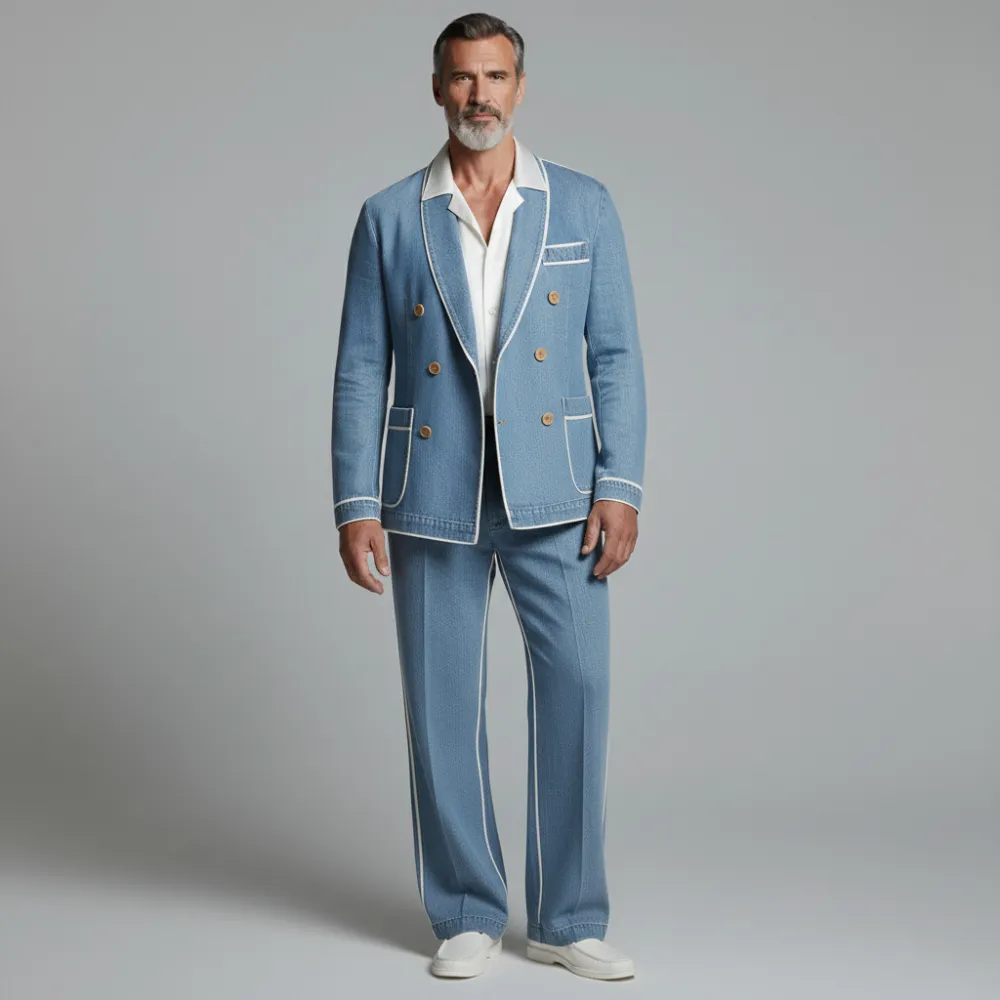 Men's Light Blue Denim Contrast Binding Double Breasted Blazer & Pocket Jeans 2Pcs Set