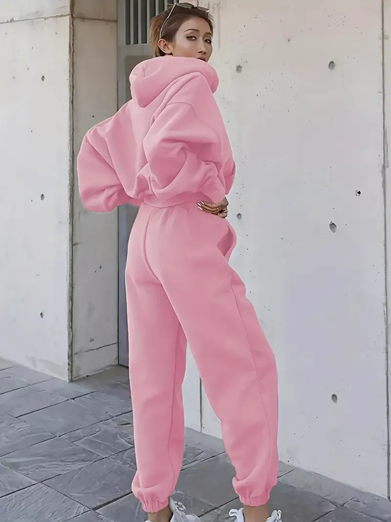 2PCS Oversized Athleisure Set: Solid Hooded Pocket Drawstring Sweatshirts & Sweatpants Sets for Women, Plus Size Comfortable Clothing
