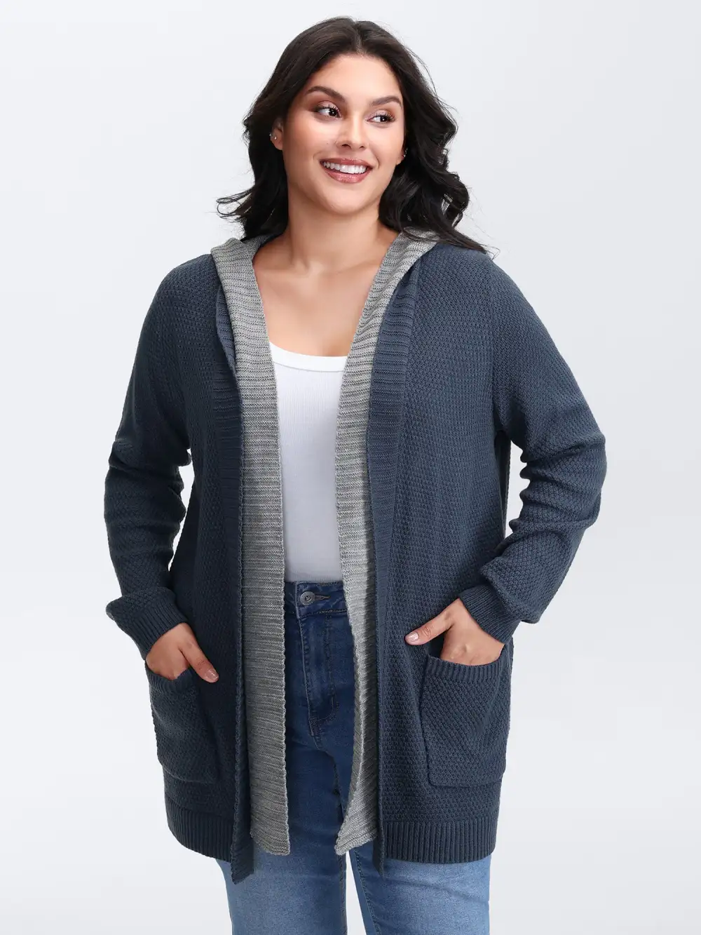 Textured Color Contrast Hooded Pocket Knit Cardigan