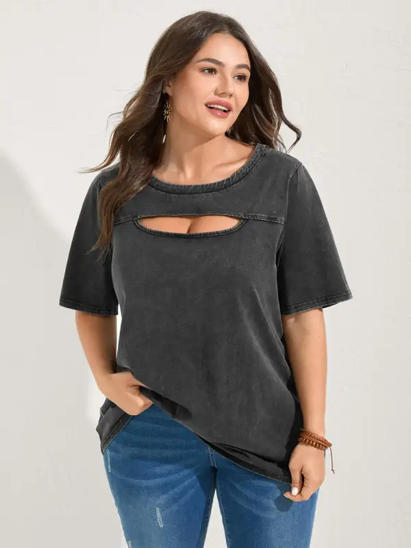 Cotton Vintage Wash Neck Cut-Out T-Shirt