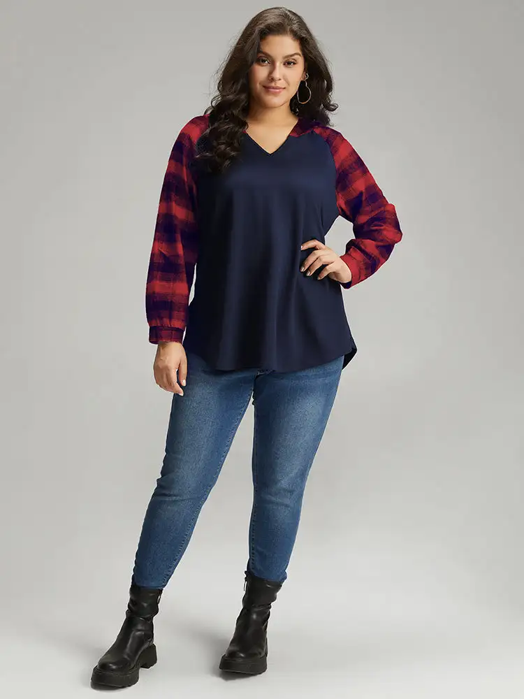 Plaid Print Hooded Patchwork Sweatshirt