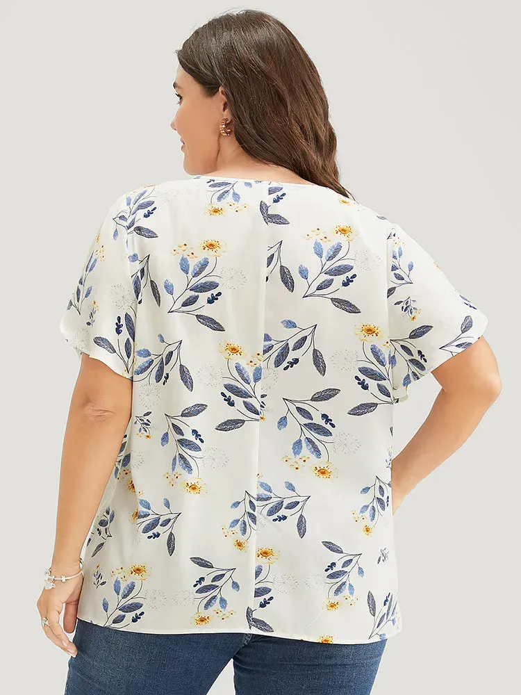 Floral O Ring Zipper Split Petal Sleeve Blouse