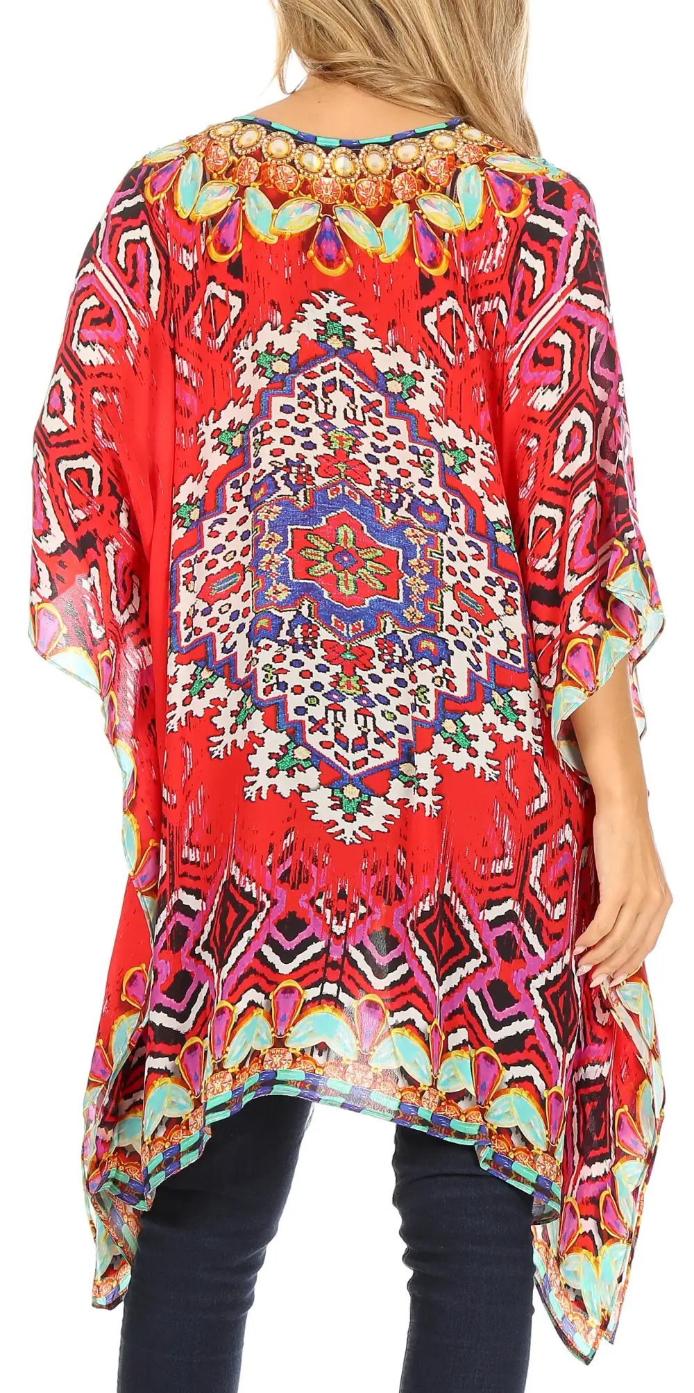 Women's Caftan Poncho Cover up V neck Top Lace up With Rhinestone