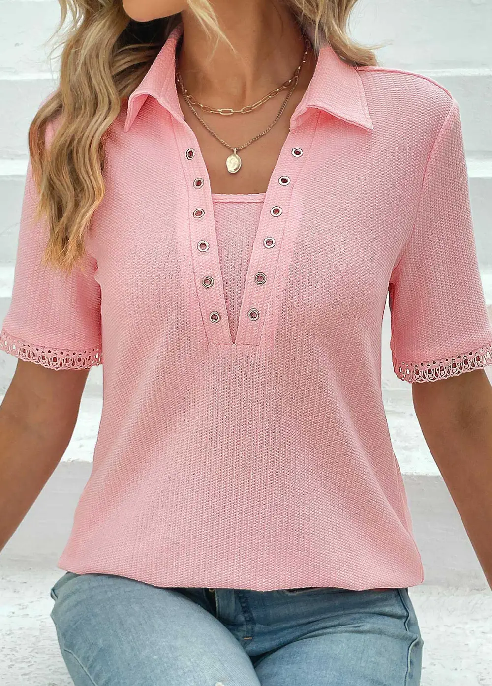 Pink Eyelet Short Sleeve T Shirt