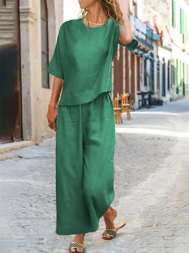 Women's Loungewear Sets 2Pcs Pure Color Short Sleeve Shirts and Wide Leg Pants Casual Comfort Home Daily Polyester Spring Summer Orange Red Navy