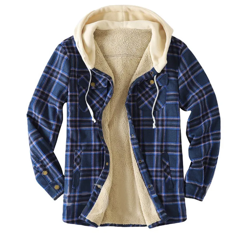 Hooded Checkered Plus Velvet Padded Brushed Jacket