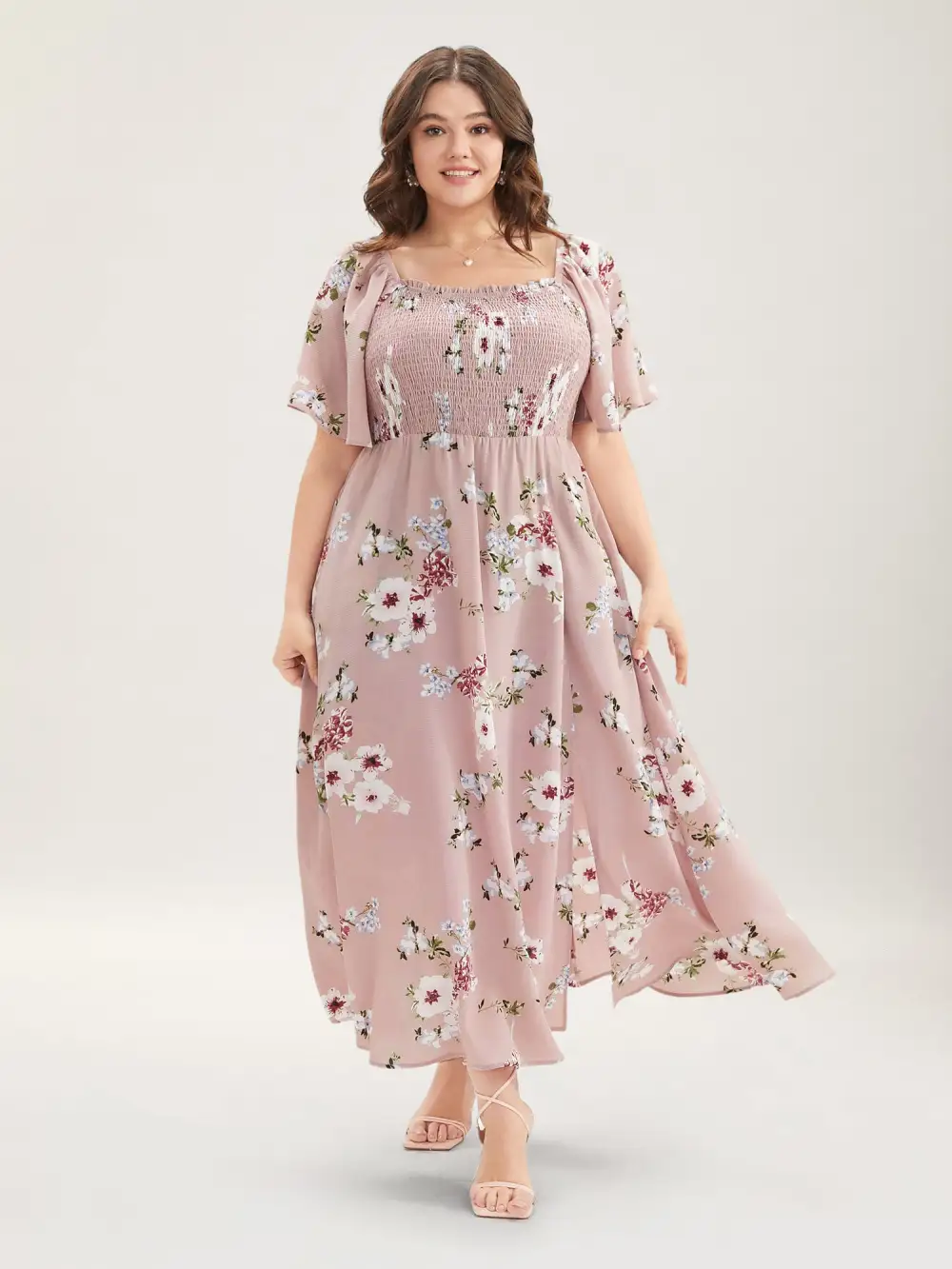 Floral Square Neck Ruffles Pocket Shirred Split Dress