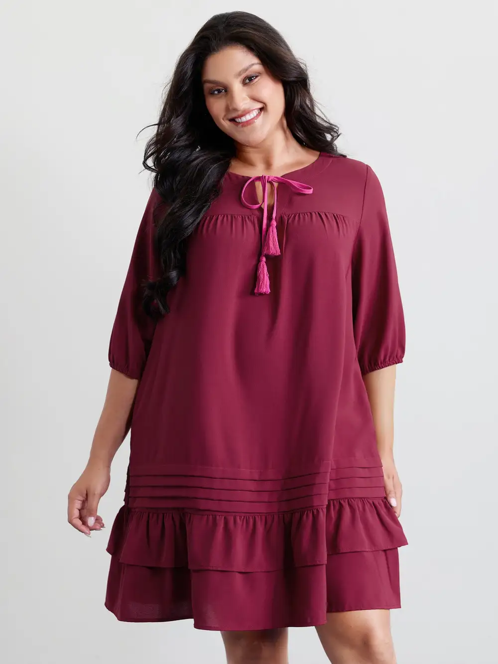 Stretchy Waist Tiered Tie Knee-Length Dress