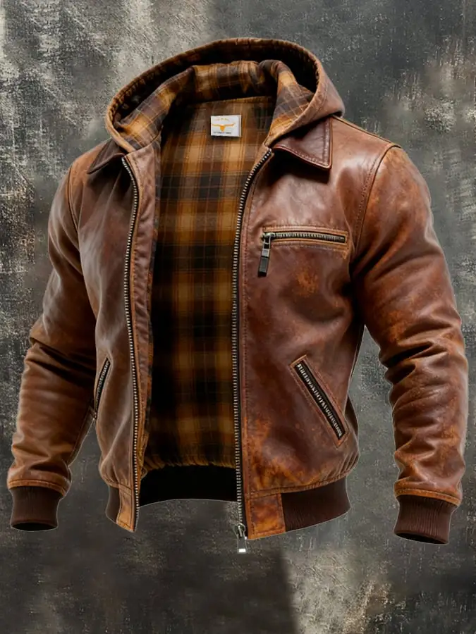 Men's Vintage Leather Patchwork Plaid Lining Multi-pocket Outdoor Jacket