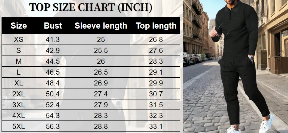 Men's Solid Textured Long Sleeve Polo Shirt & Drawstring Waist Pants Set