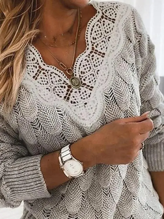 Women's Sweaters Lace V-Neck Hollow Long Sleeve Sweater