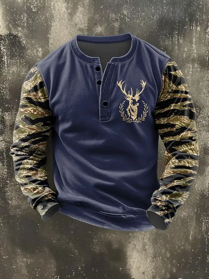 Men's Vintage Western Elk Print Henley Neck Sweatshirt