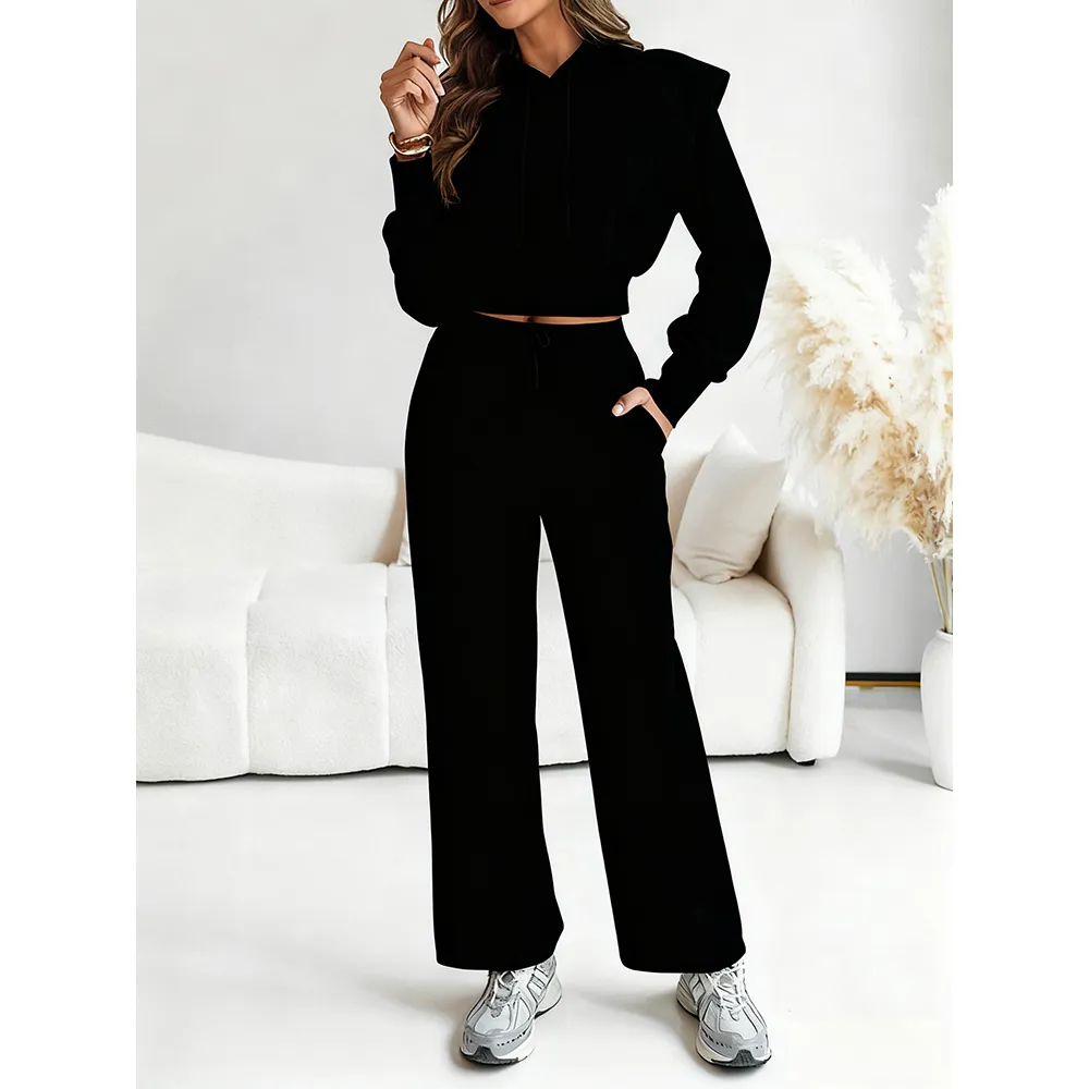 Hooded Long Sleeve Sweatshirt and Casual Wide Leg Sweatpants Set