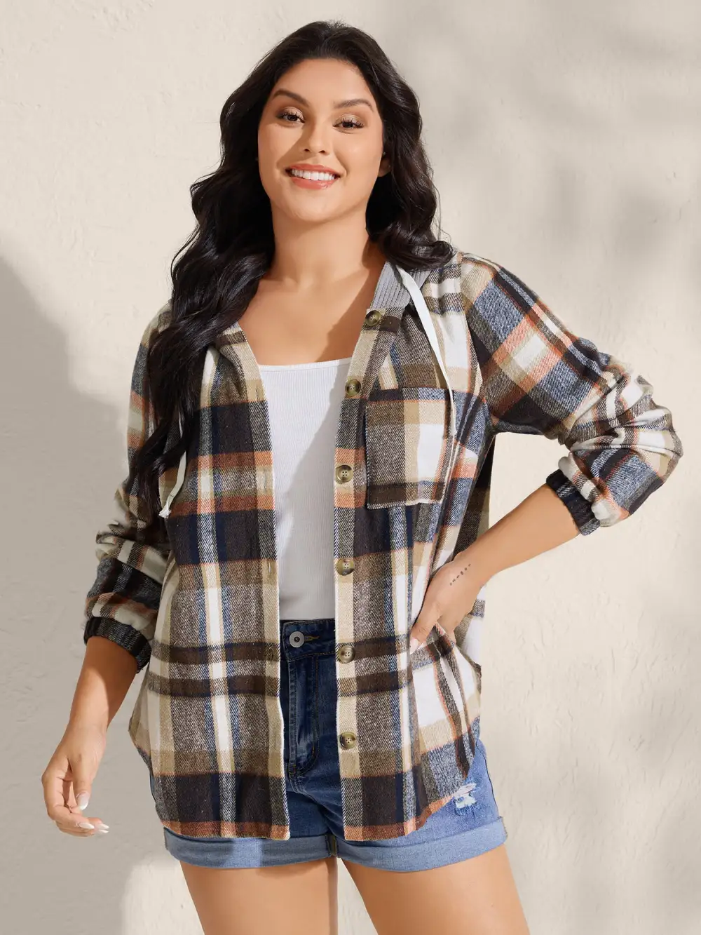 Plaid Print Textured Hooded Jacket