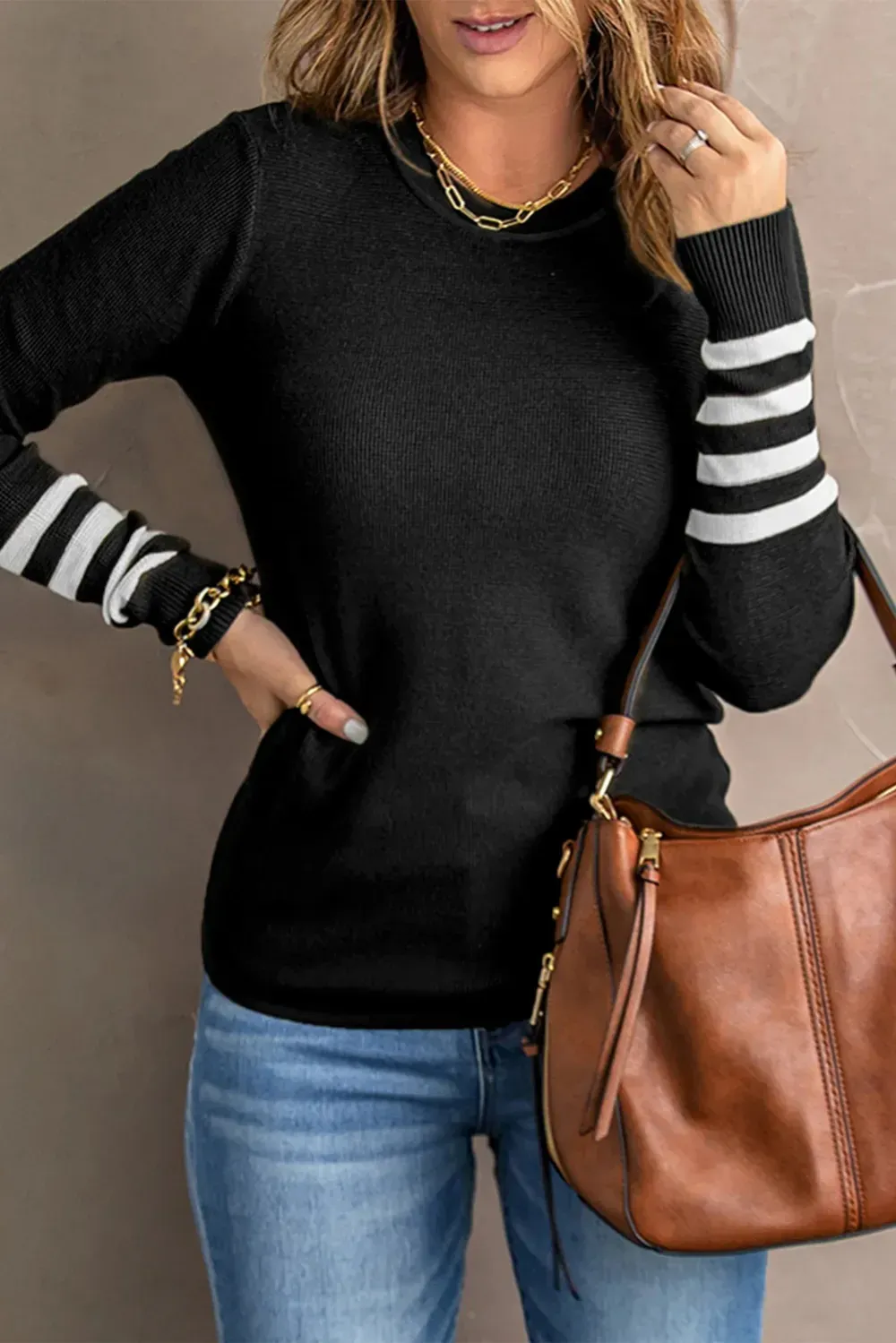 HOT SALE Women's Casual Crew Neck Striped Sleeve Knit Sweaters