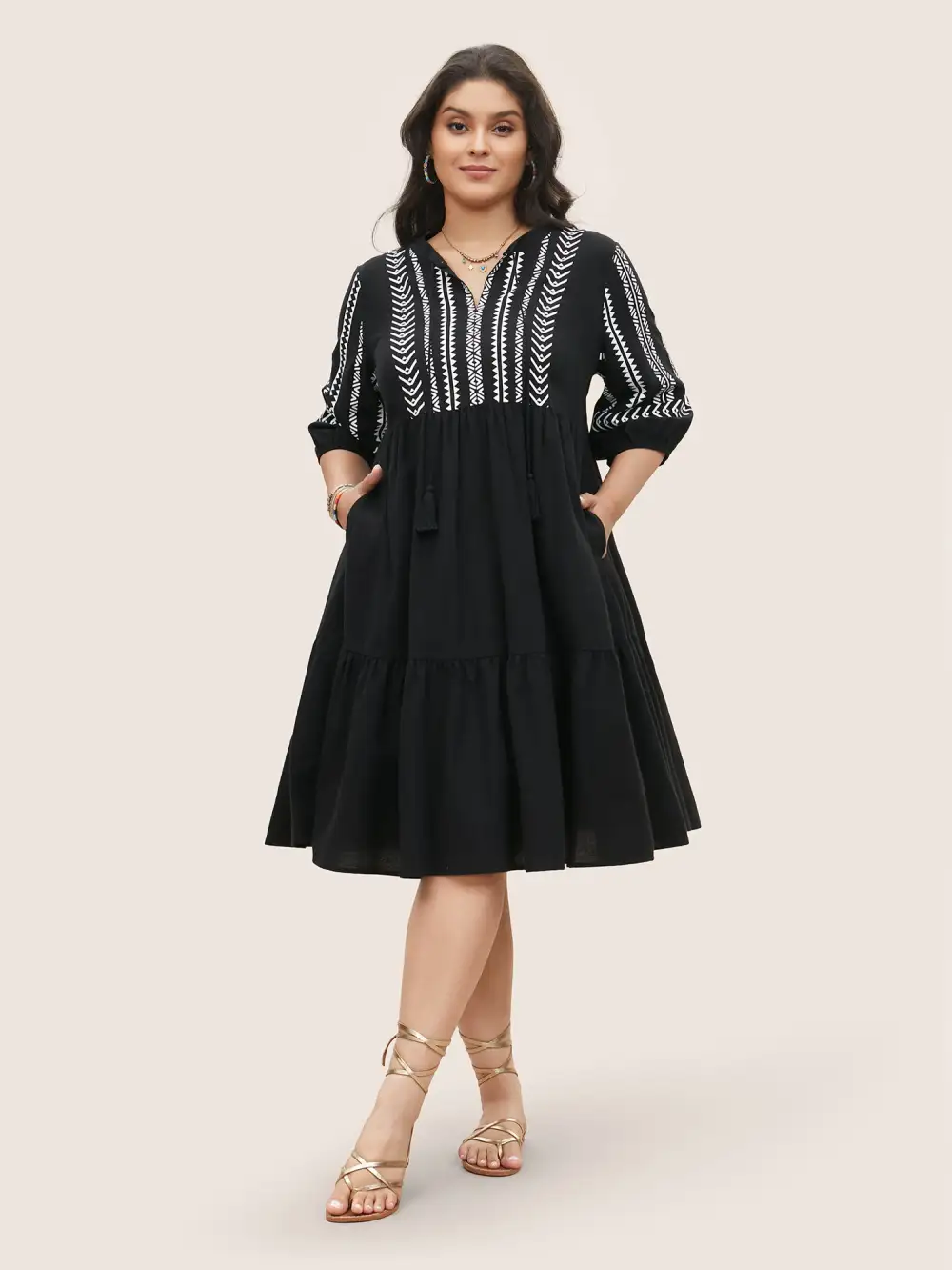 Cotton Geometric Bandana Print Tassel Trim Dress