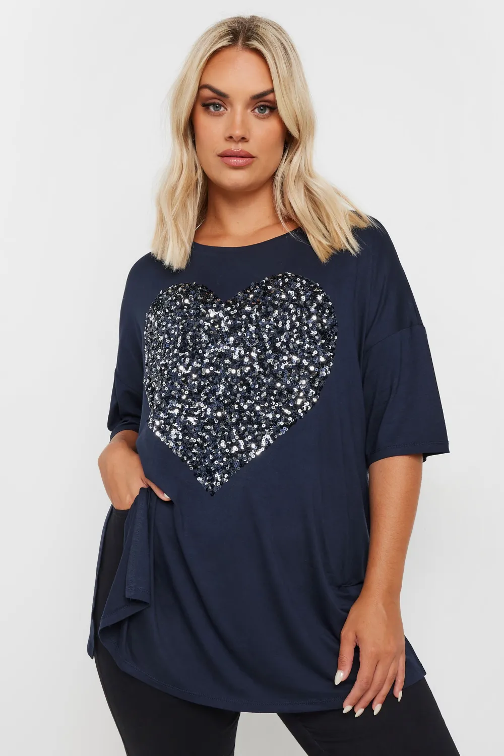 YOURS Curve Red Heart Sequin Embellished T-Shirt