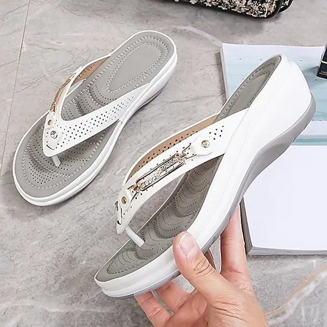 Women's Slippers Flip-Flops Outdoor Slippers Beach Slippers Daily Beach Color Block Summer Rhinestone Wedge Heel Round Toe Basic Casual Minimalism Faux Leather Loafer Almond Black White