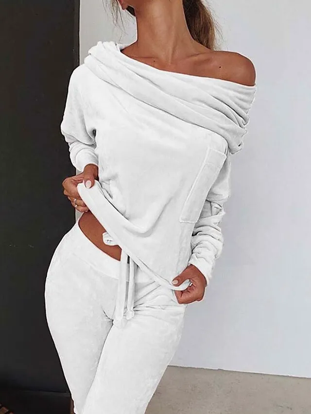 Women‘s Loungewear Sets Winter 2 Pieces Pure Color Comfort Plush Home Street Polyester One Shoulder Long Sleeve Pant Elastic Waist Winter Fall Purple Pink