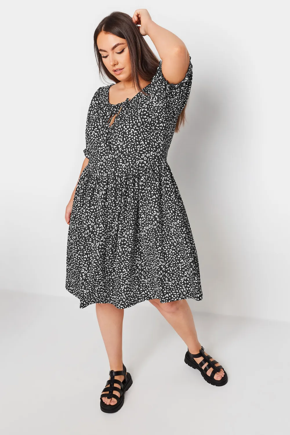 YOURS Curve Black Leopard Print Textured Mini Dress