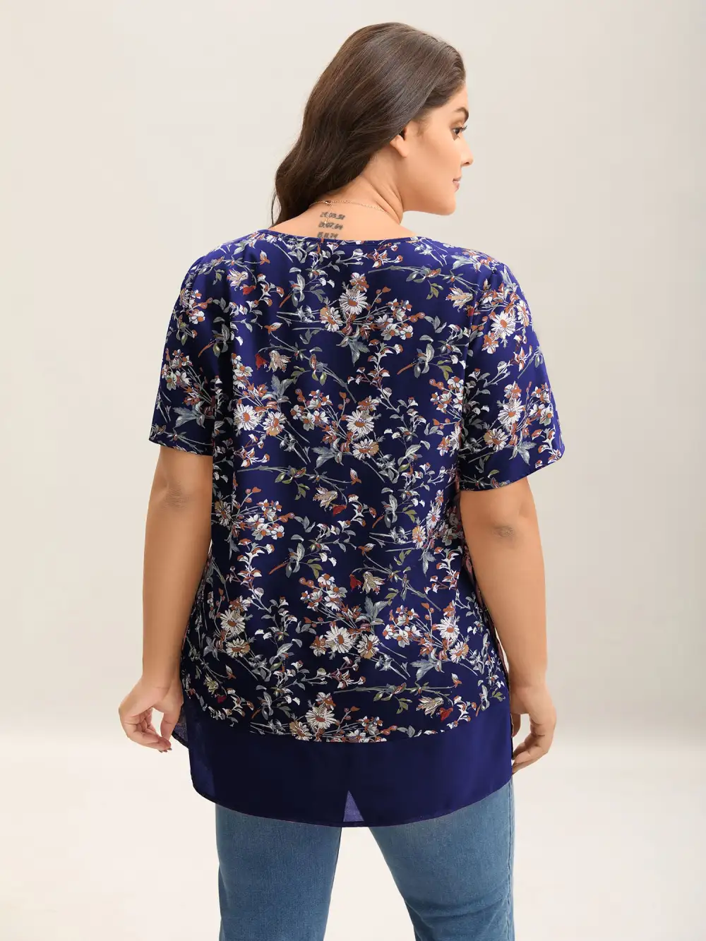 Garden Print Spliced V-Neck Blouse