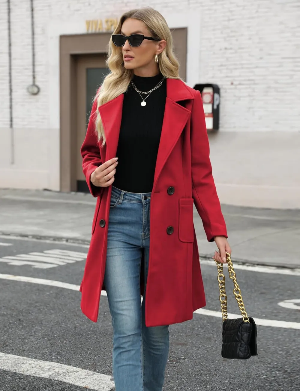 Women Winter Wool Blend Camel Mid-Long Coat Notch Double-Breasted Lapel Jacket Outwear