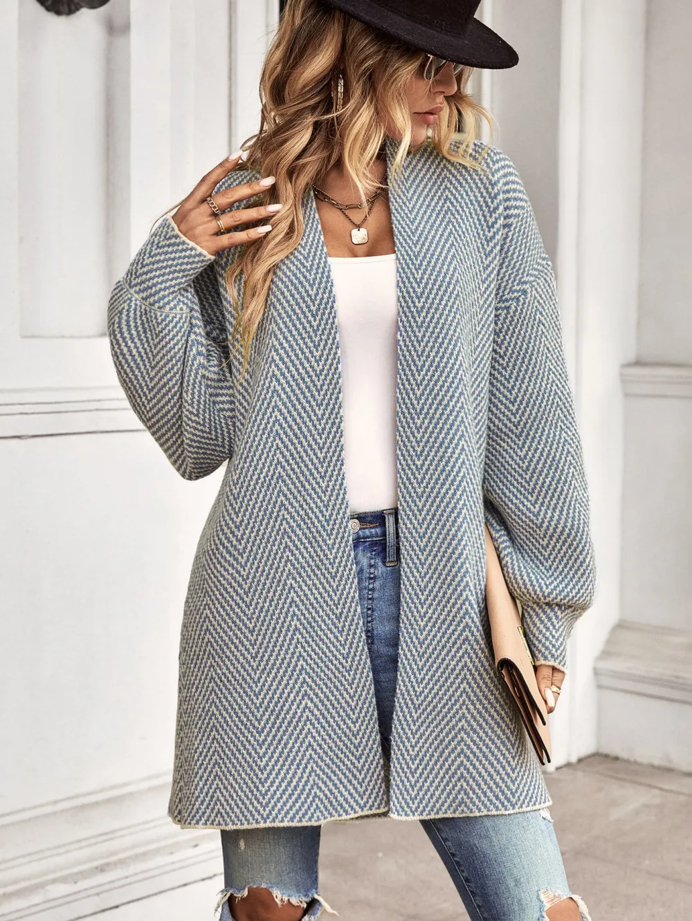 Chevron Pattern Bishop Sleeve Duster Cardigan