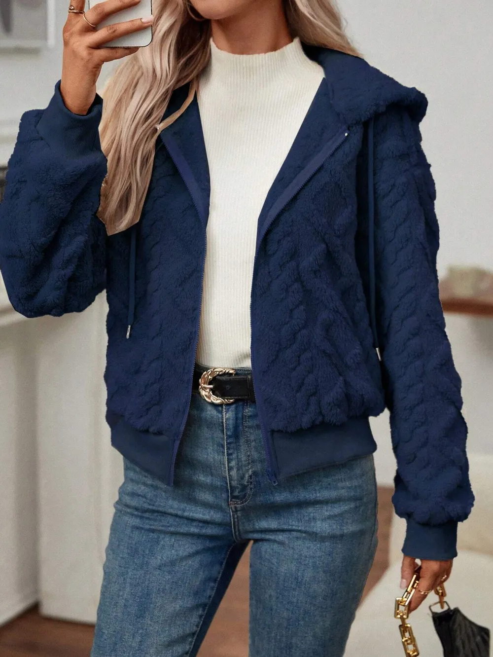 Women's Black Textured Plush Hooded Jacket