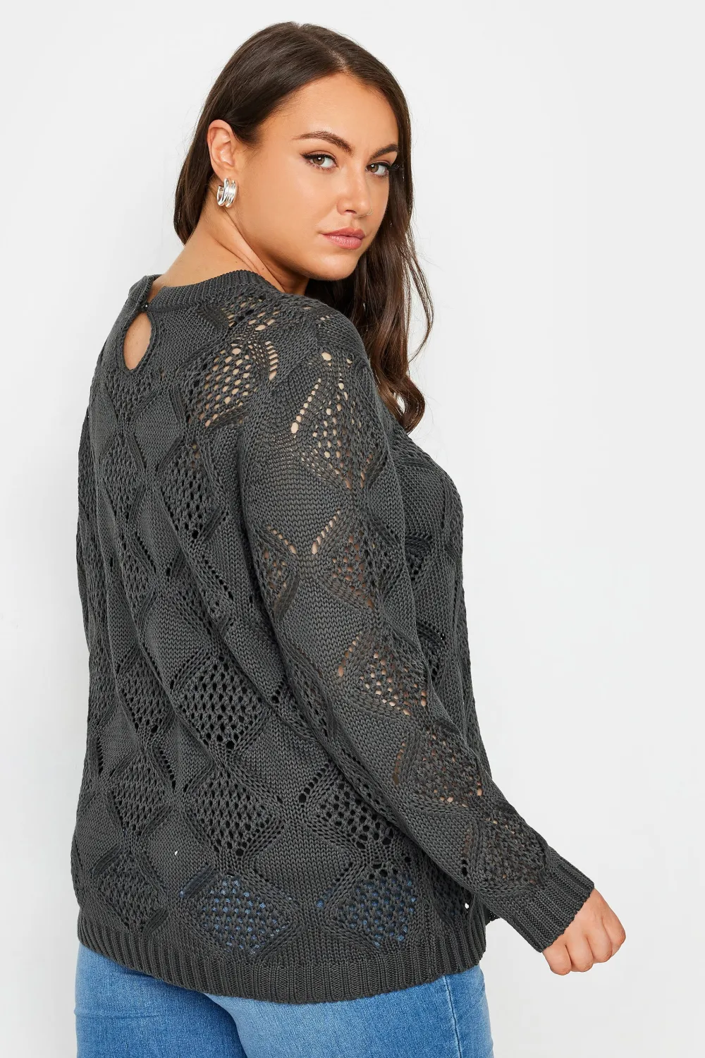 YOURS Curve Grey Pointelle Stitch Jumper