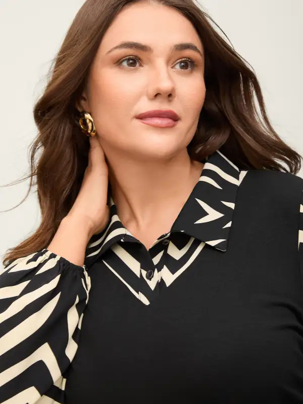 Geometric Print Mixed Material Knit Top