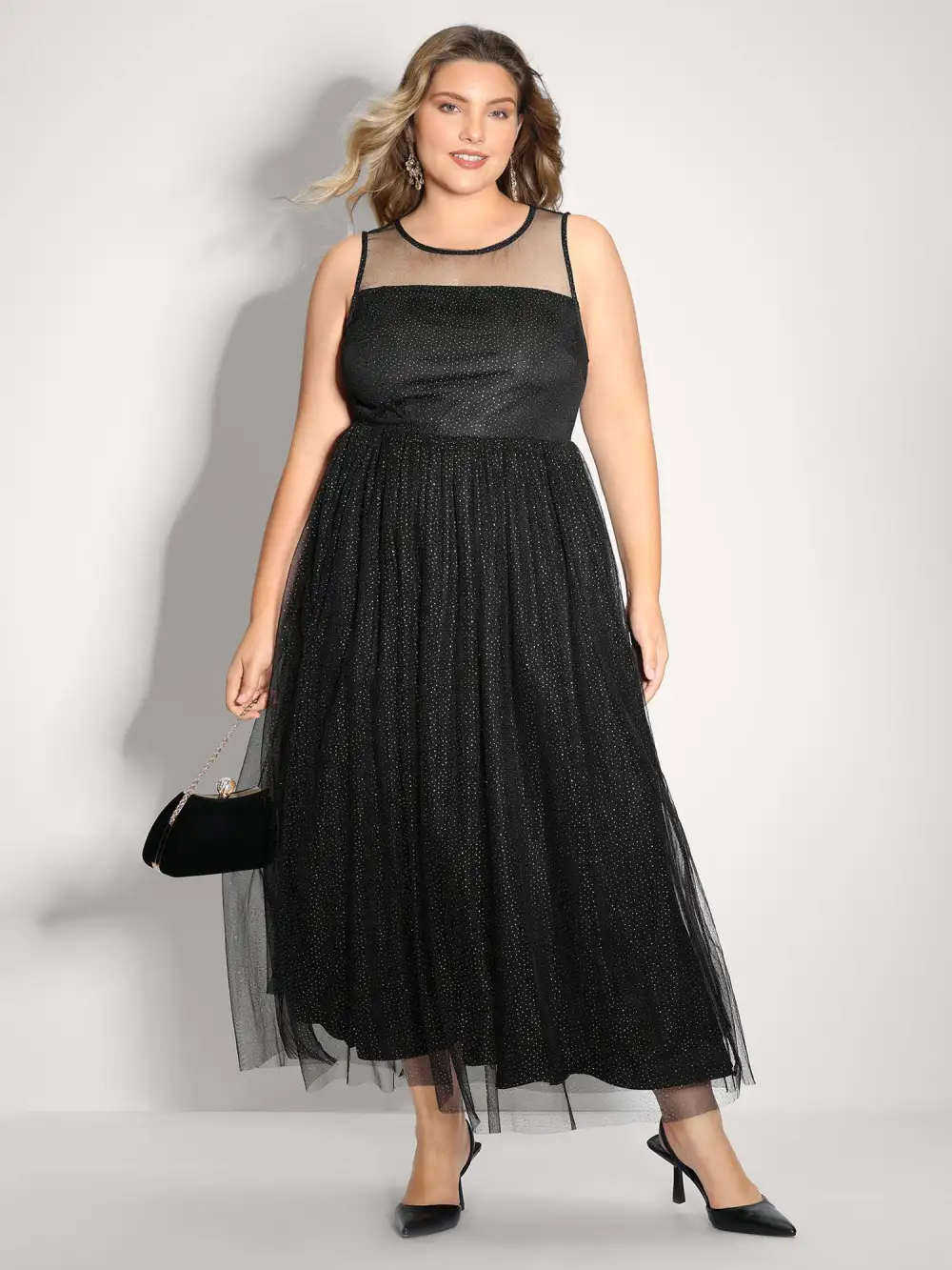 Shimmery Sheer Neckline Flowy Maxi Dress